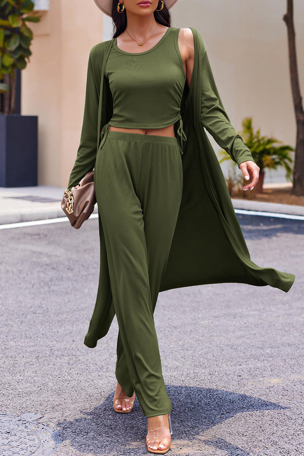 Drawstring Tank, Long Sleeve Cover Up and Pants Set, 9 Colors