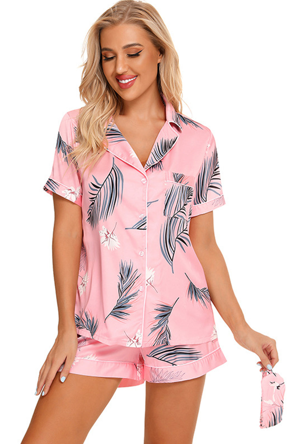 Printed Button Up Short Sleeve Top and Shorts Lounge Set, 10 Colors