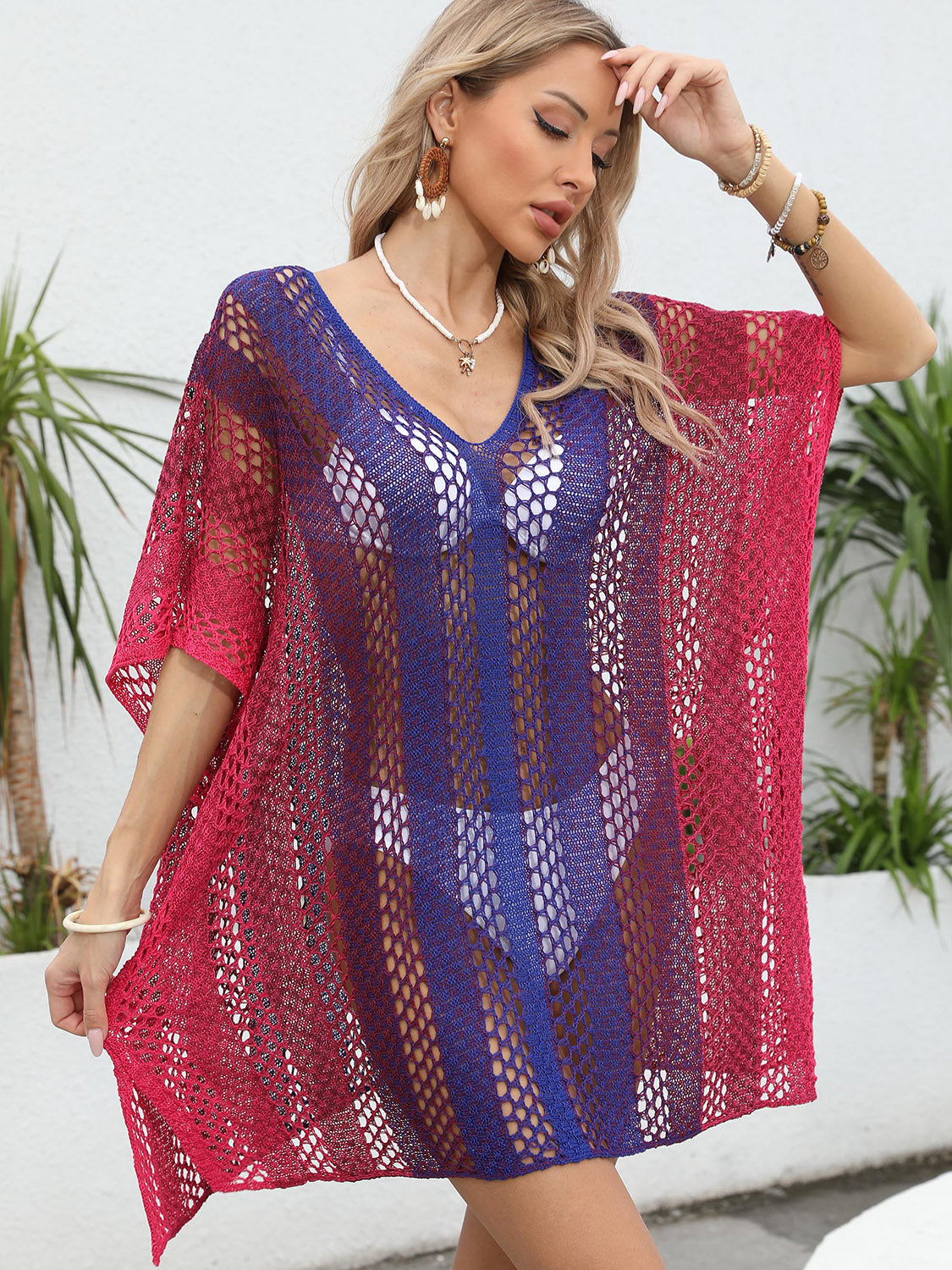 Openwork Contrast V-Neck Cover-Up, 3 Colors
