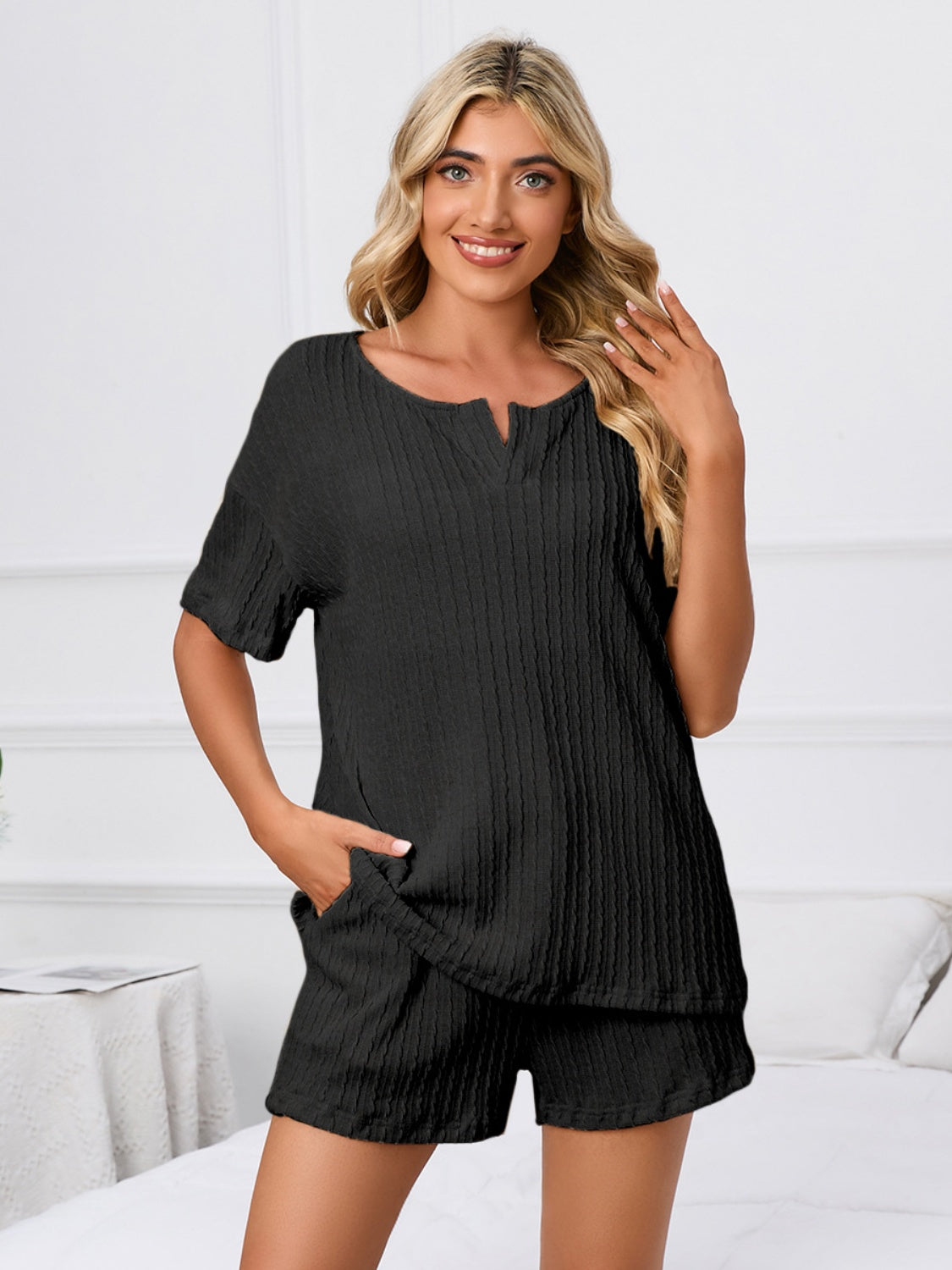 Notched Short Sleeve and Shorts Lounge Set, 4 Colors