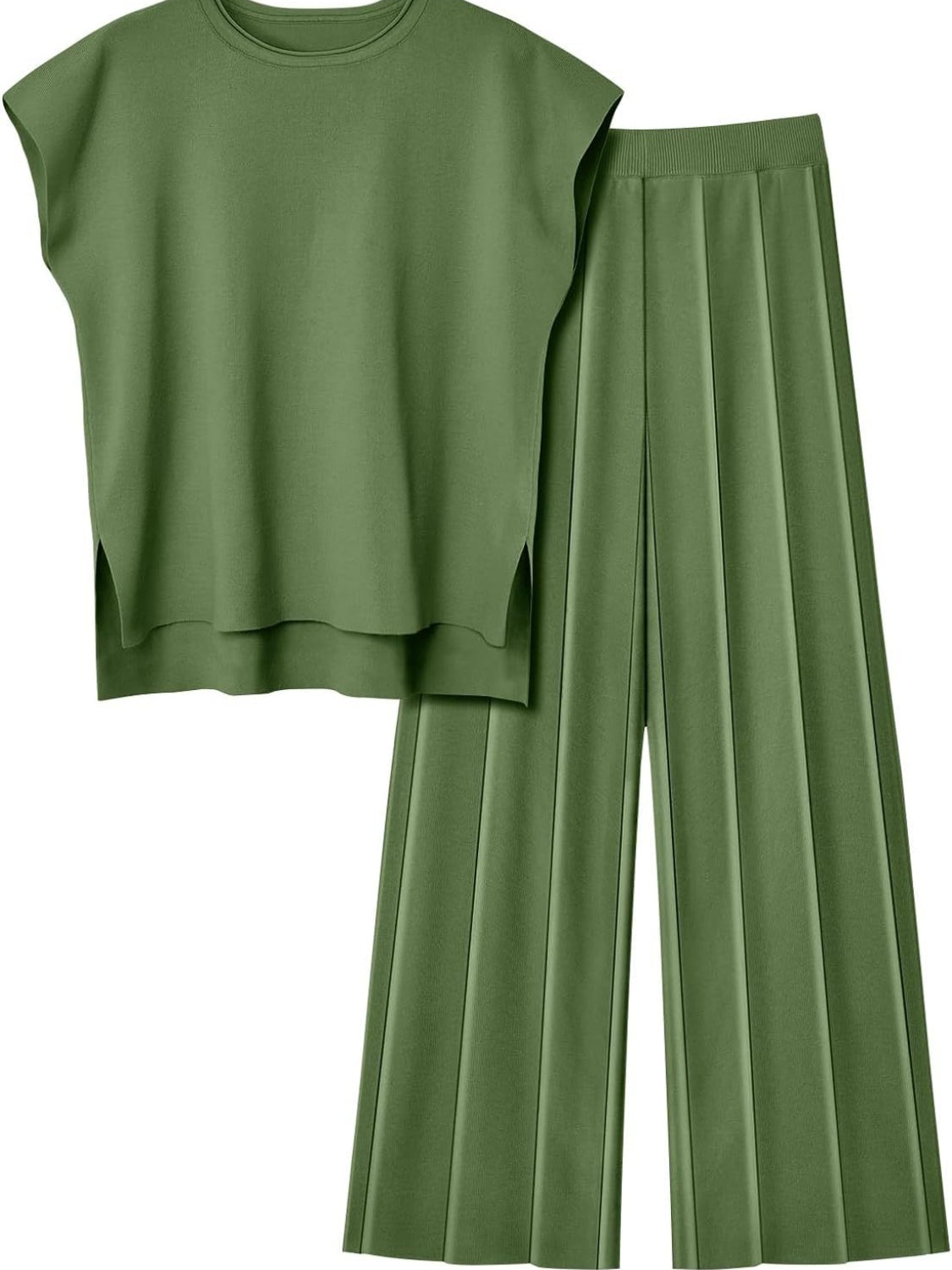 Round Neck Cap Sleeve Top and Pants Knit Set, 8 Colors