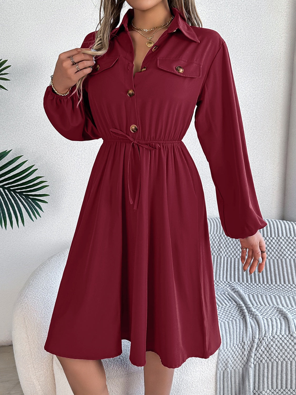 Collared Neck Long Sleeve Dress with Pockets, 5 Colors