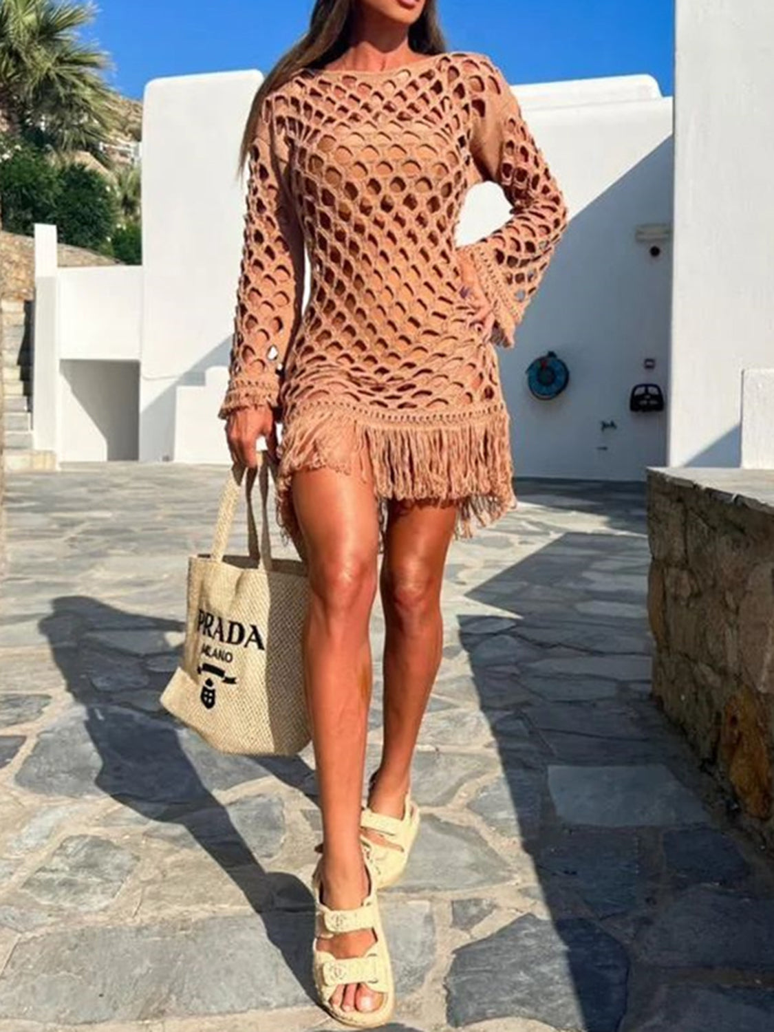 Fringe Cutout Long Sleeve Cover Up, 3 Colors
