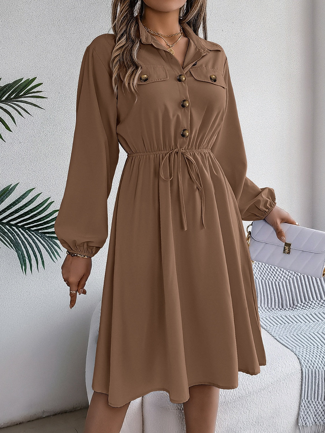 Collared Neck Long Sleeve Dress with Pockets, 5 Colors