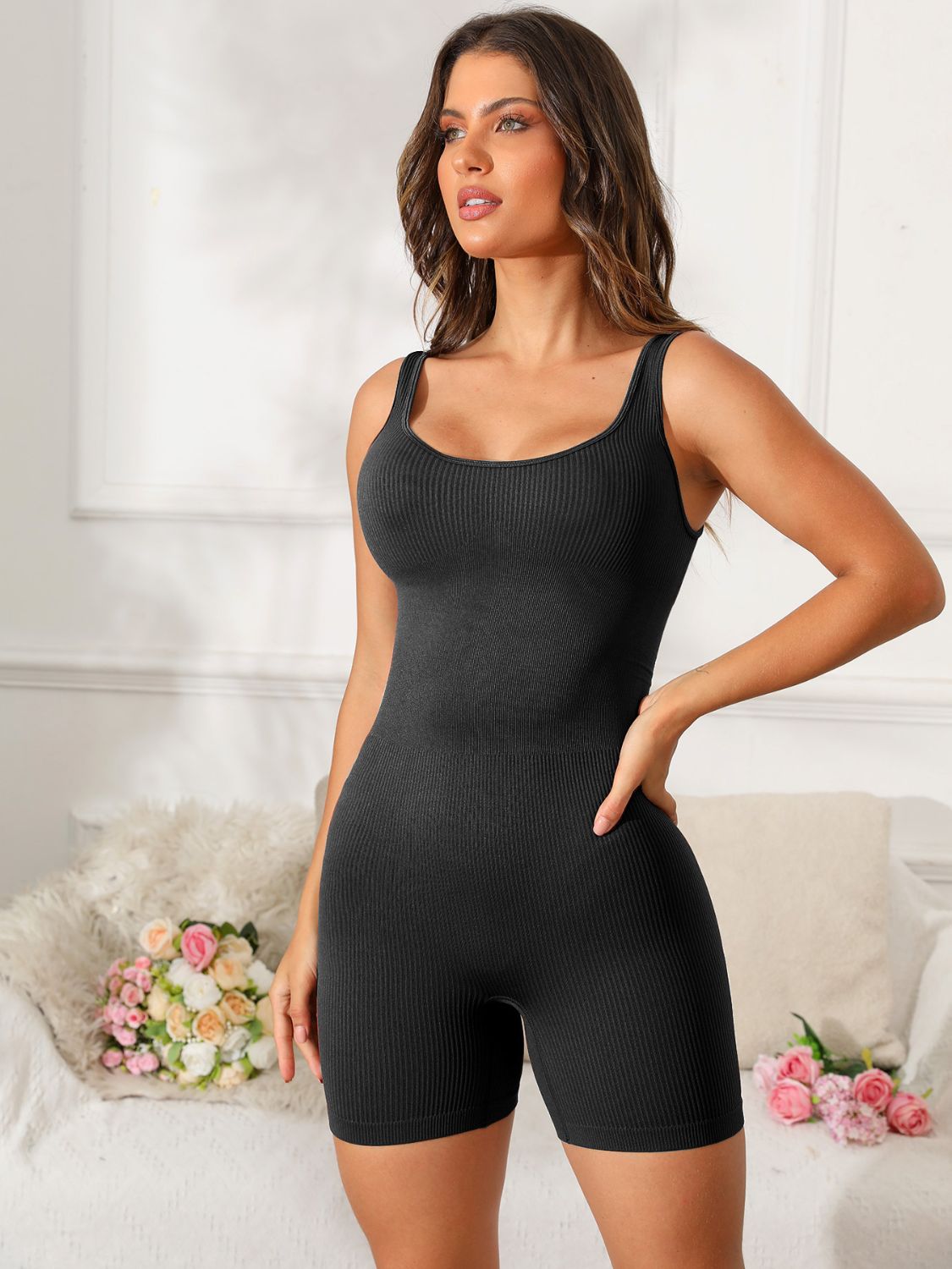 Scoop Neck Wide Strap Active Romper, 5 Colors