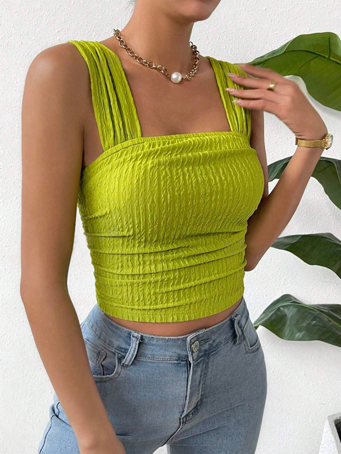 Textured Square Neck Wide Strap Tank , 10 Colors
