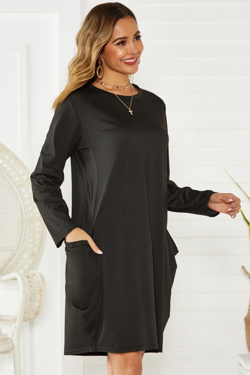 Pocketed Round Neck Long Sleeve Dress, 2 Colors