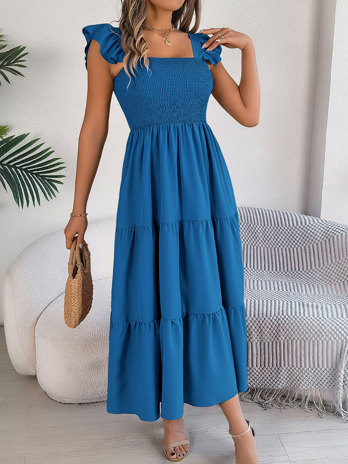 Smocked Square Neck Cap Sleeve Midi Dress, 5 Colors