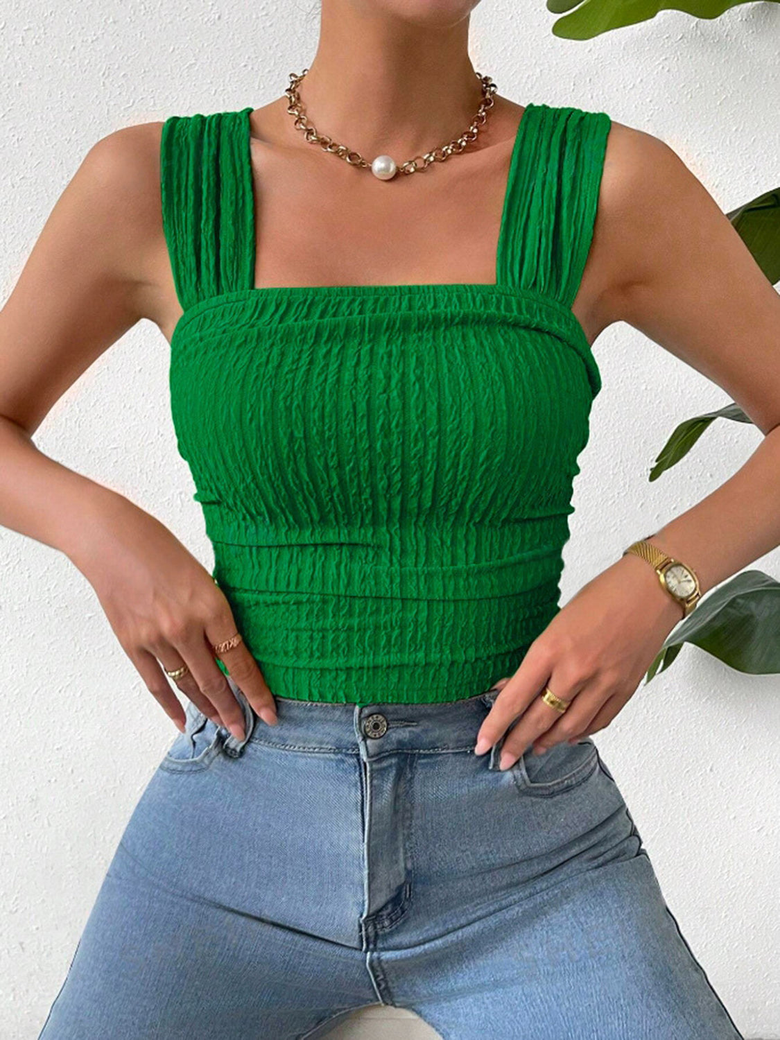 Textured Square Neck Wide Strap Tank , 10 Colors