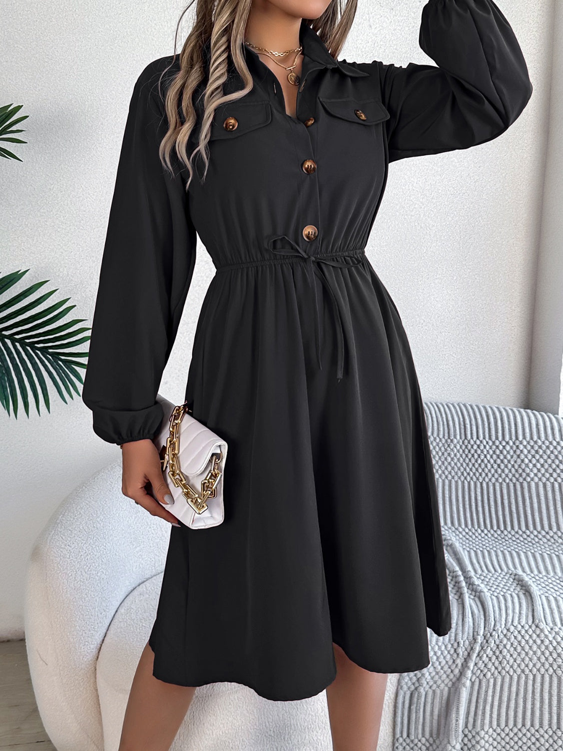 Collared Neck Long Sleeve Dress with Pockets, 5 Colors