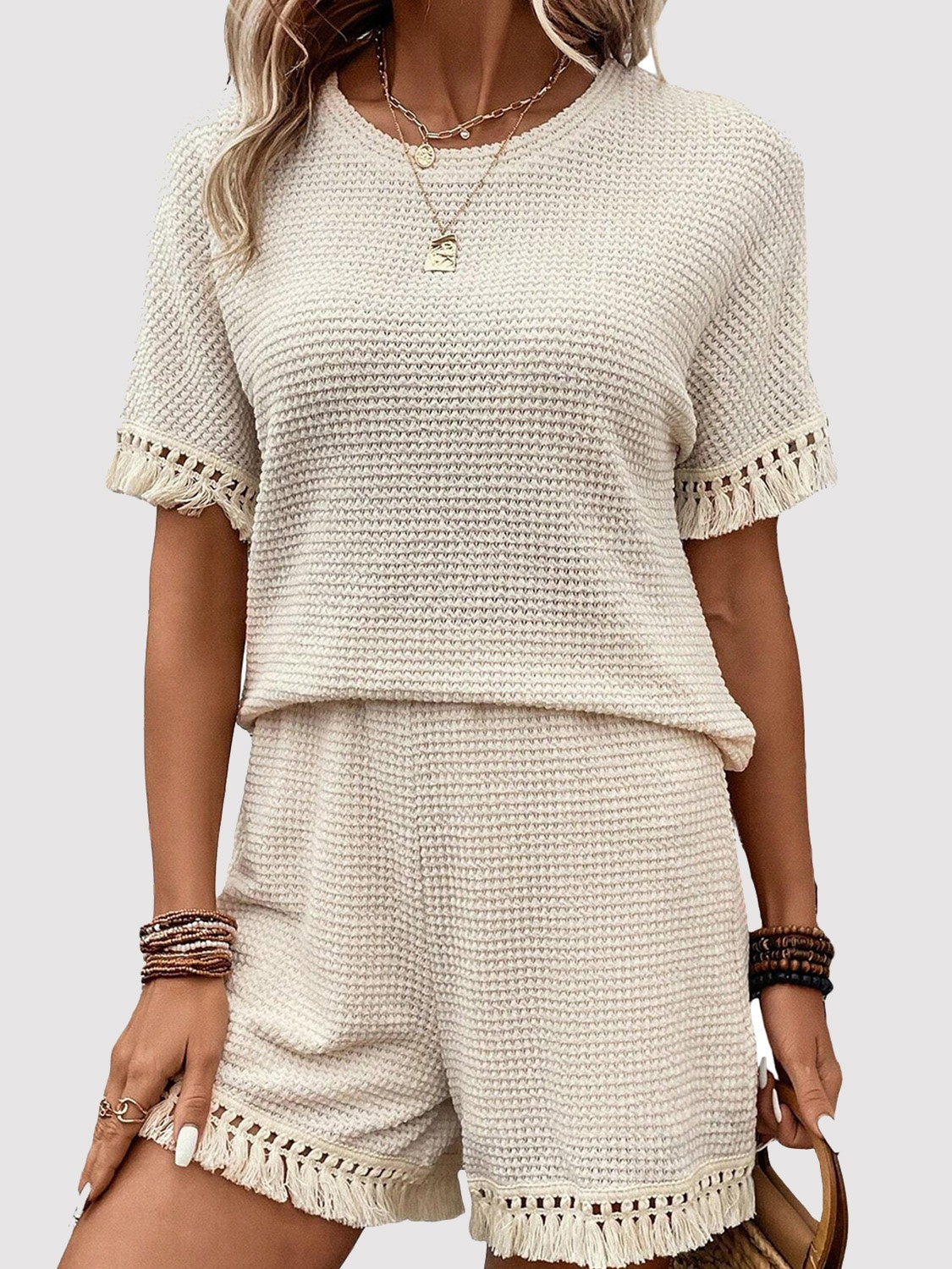 Tassel Round Neck Top and Shorts Set, 3 Colors