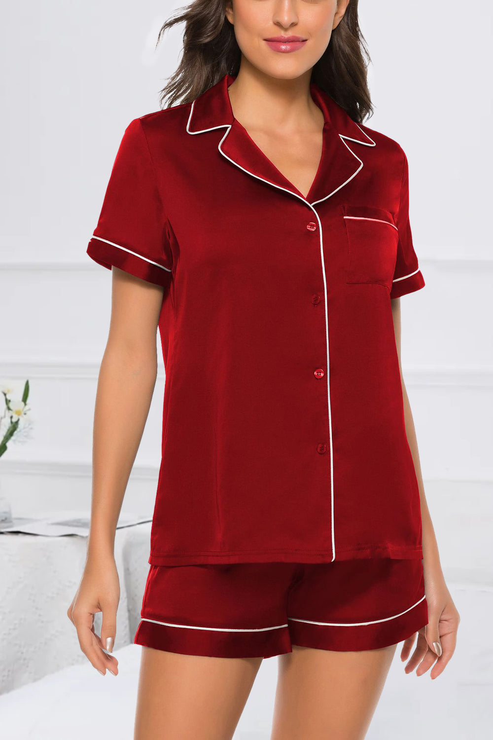 Printed Button Up Short Sleeve Top and Shorts Lounge Set, 10 Colors