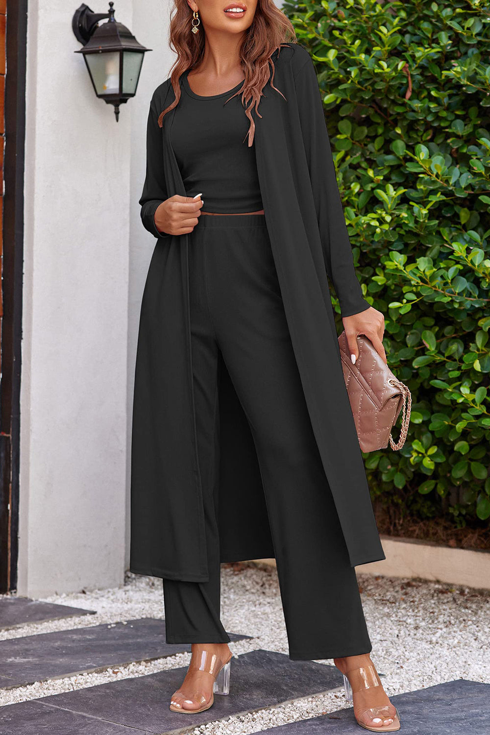 Drawstring Tank, Long Sleeve Cover Up and Pants Set, 9 Colors