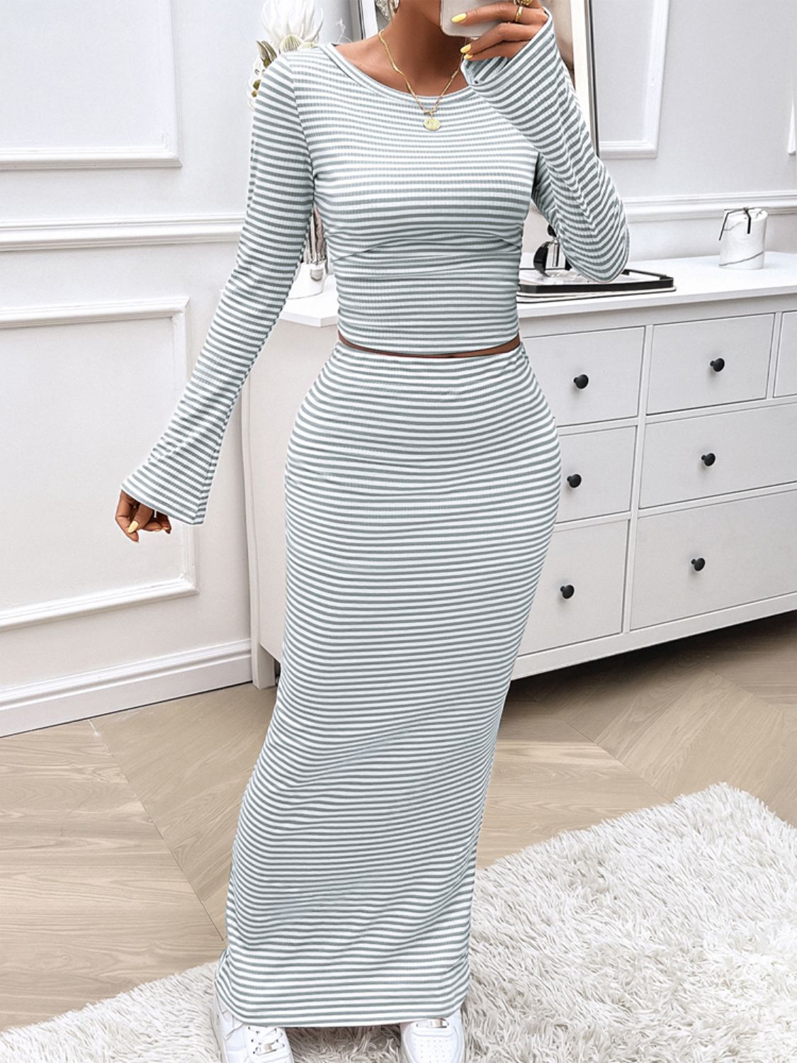 Devine Striped Boat Neck Top and Skirt Set, 3 Colors