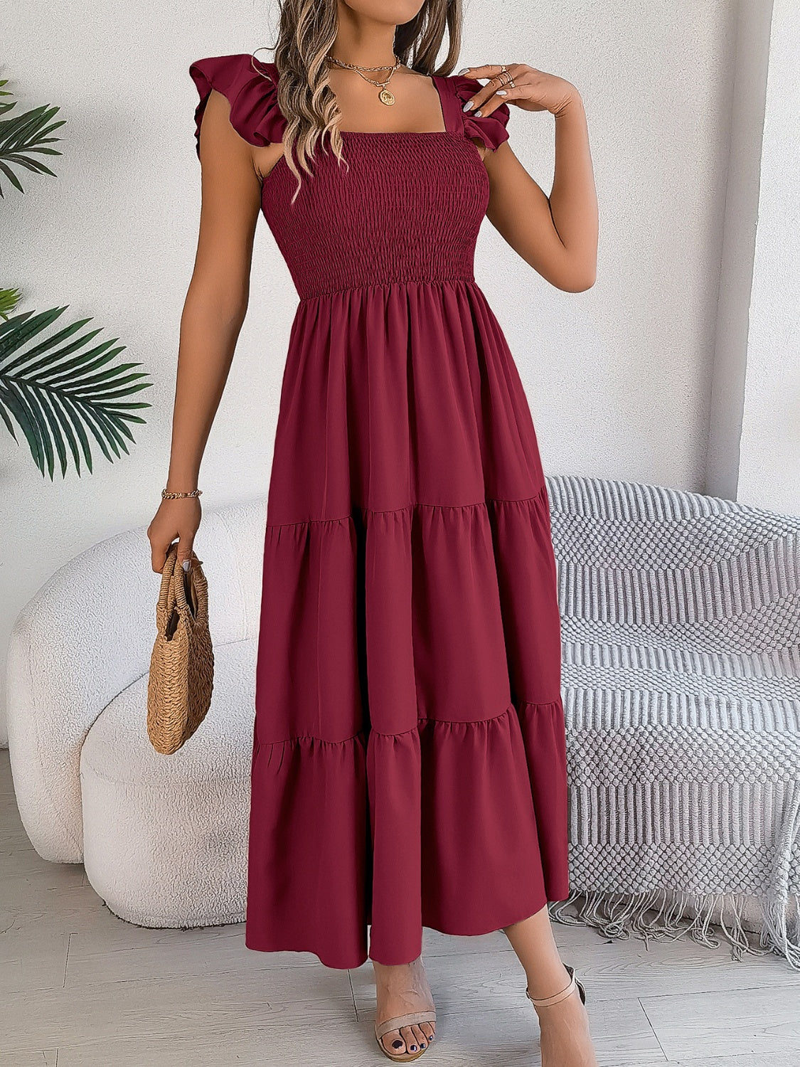 Smocked Square Neck Cap Sleeve Midi Dress, 5 Colors