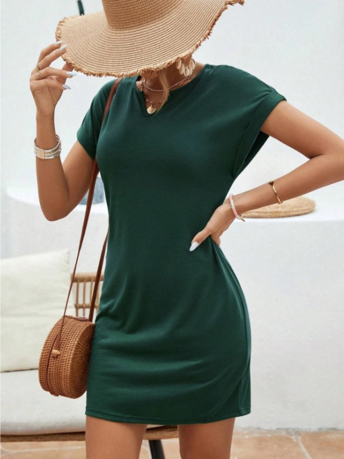 Notched Short Sleeve Mini Tee Dress, 5 Colors