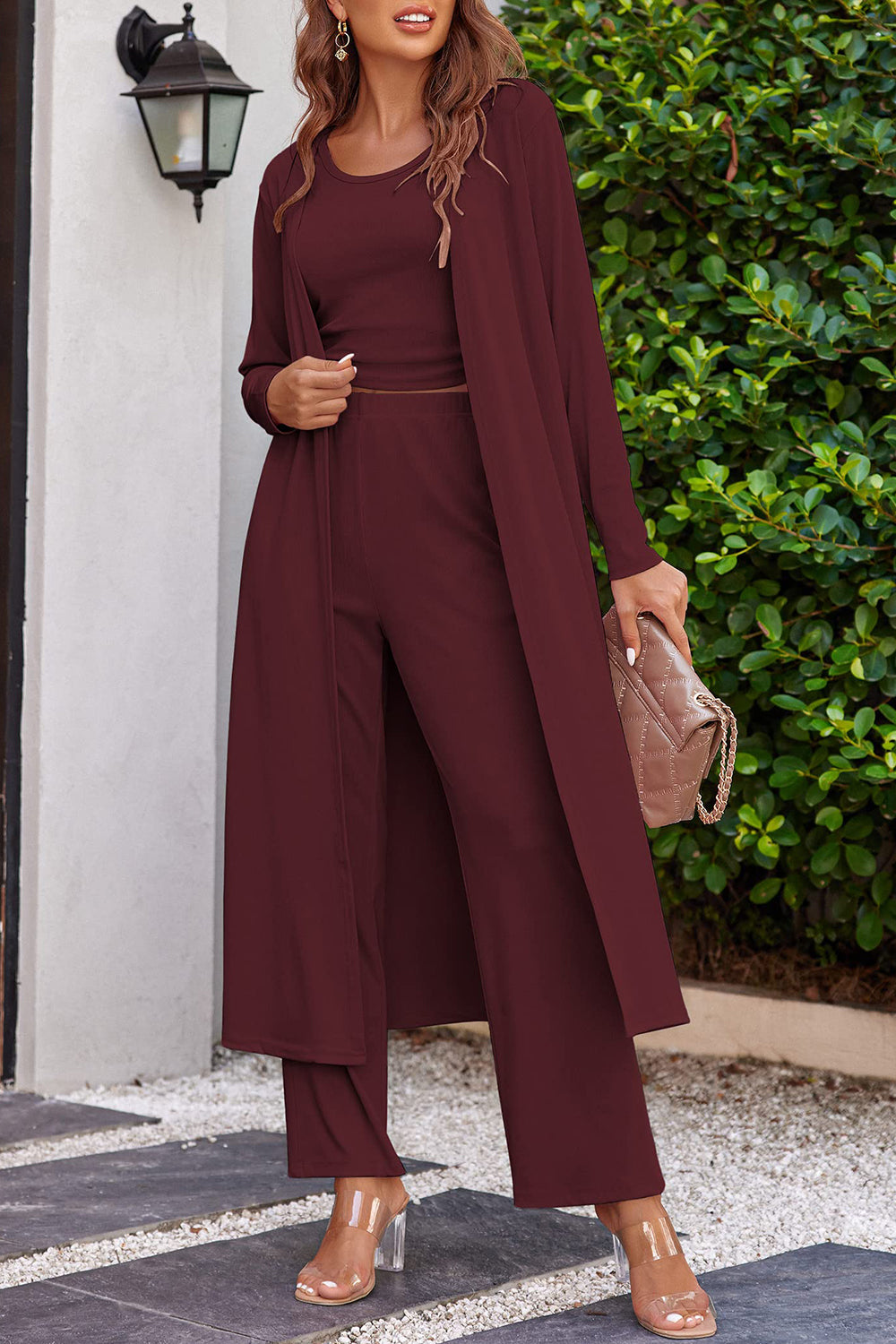 Drawstring Tank, Long Sleeve Cover Up and Pants Set, 9 Colors