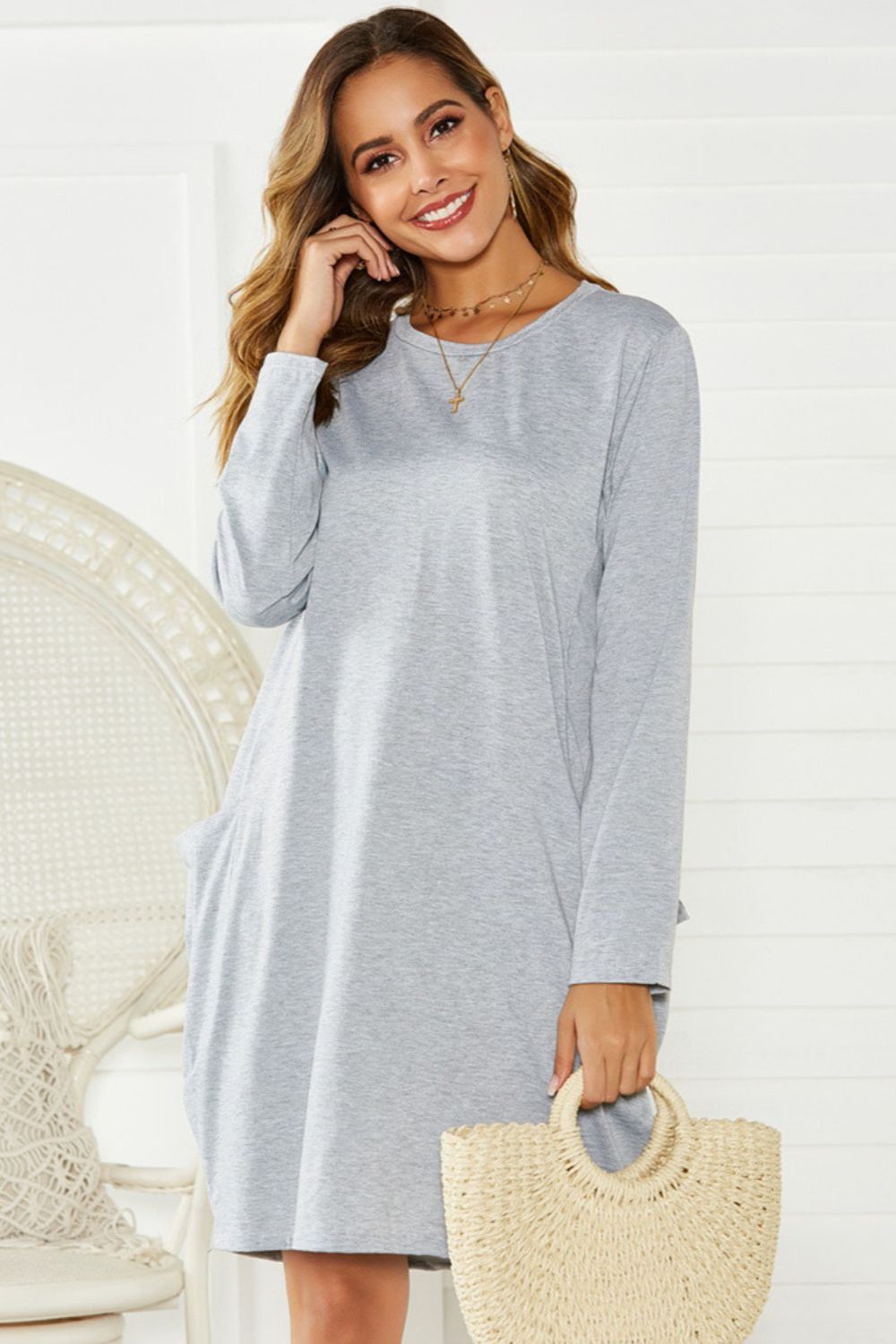 Pocketed Round Neck Long Sleeve Dress, 2 Colors