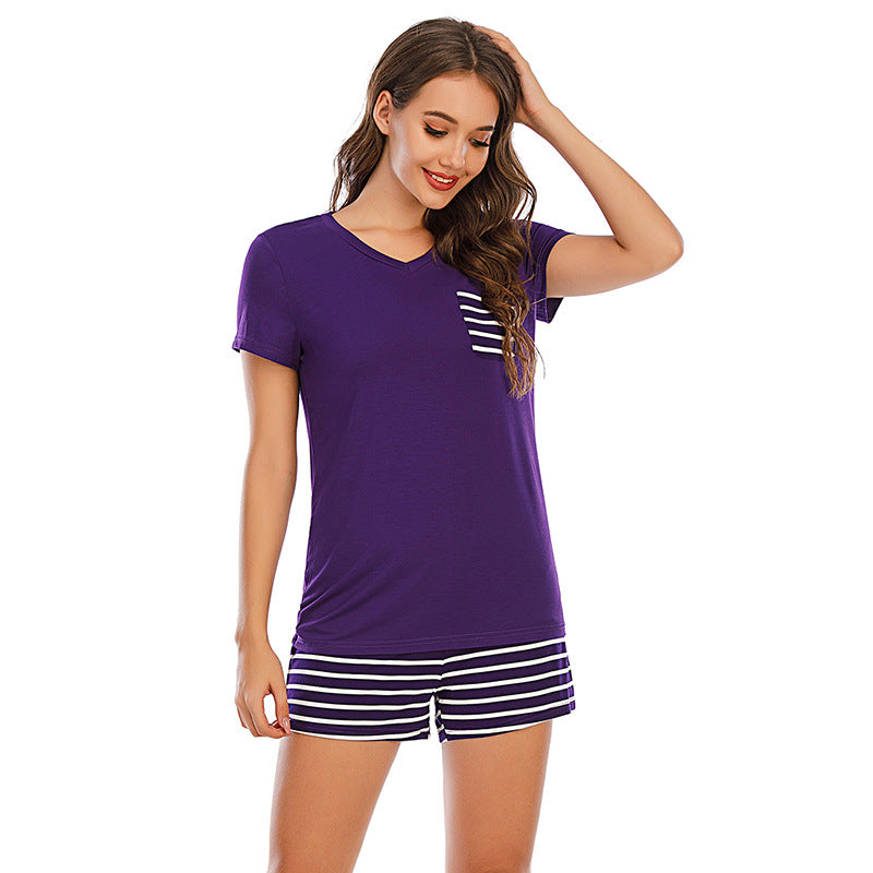 Striped Short Sleeve Top and Shorts Lounge Set, 7 Colors