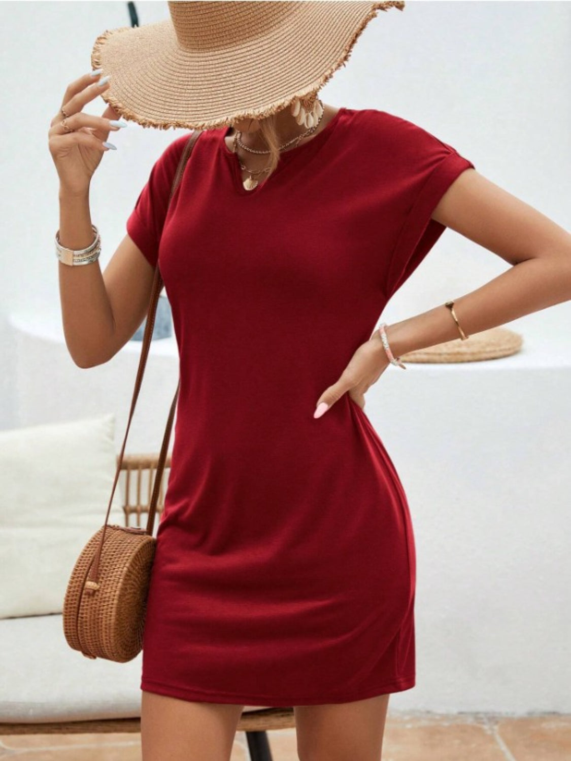 Notched Short Sleeve Mini Tee Dress, 5 Colors