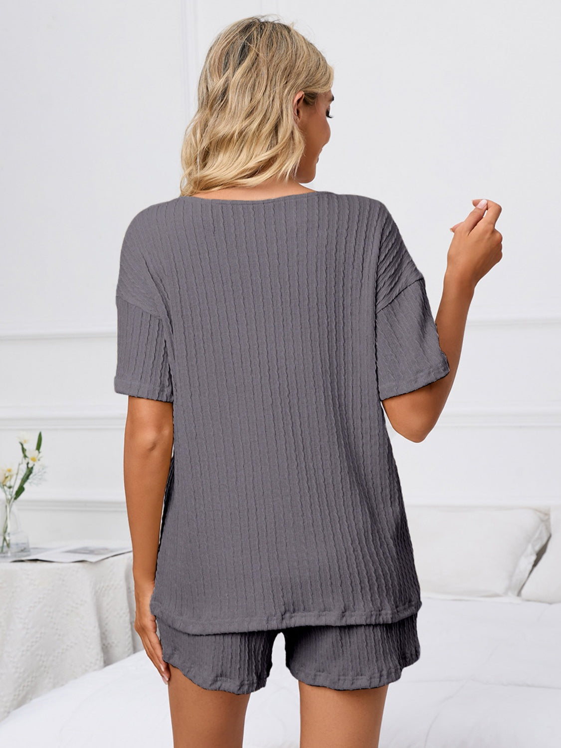 Notched Short Sleeve and Shorts Lounge Set, 4 Colors