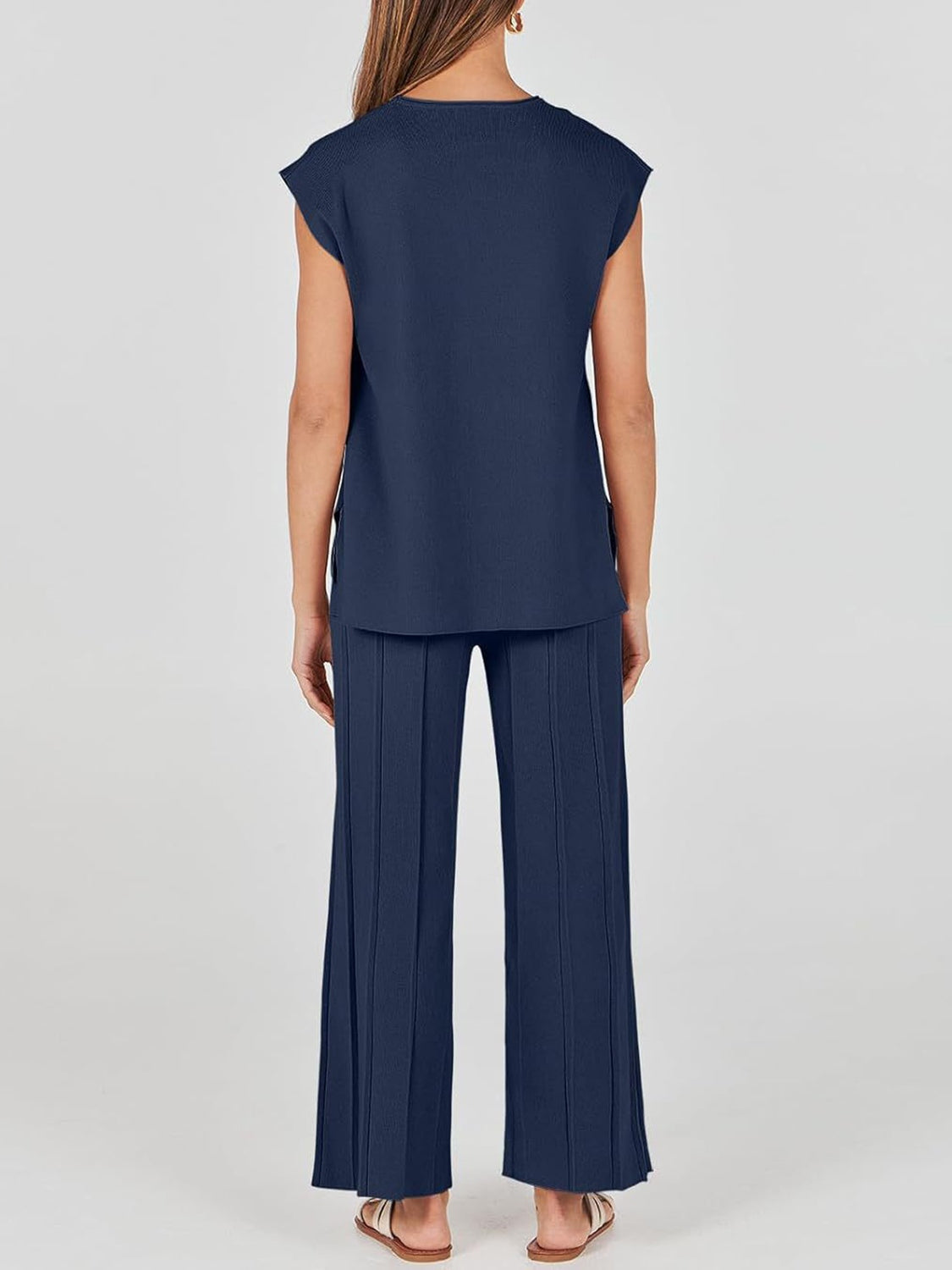 Round Neck Cap Sleeve Top and Pants Knit Set, 8 Colors