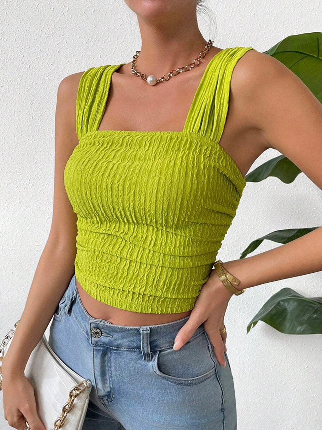 Textured Square Neck Wide Strap Tank , 10 Colors