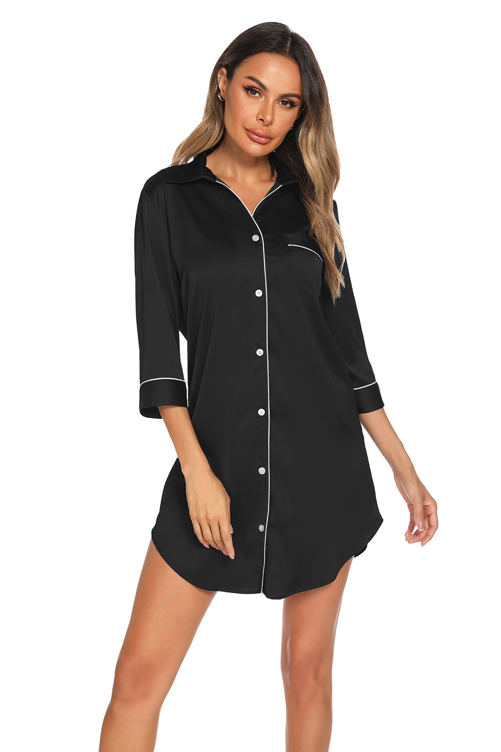 Button Up Collared Neck Night Dress with Pocket, 3 Colors