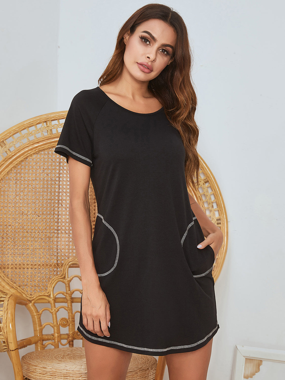 Round Neck Short Sleeve Lounge Dress, 3 Colors