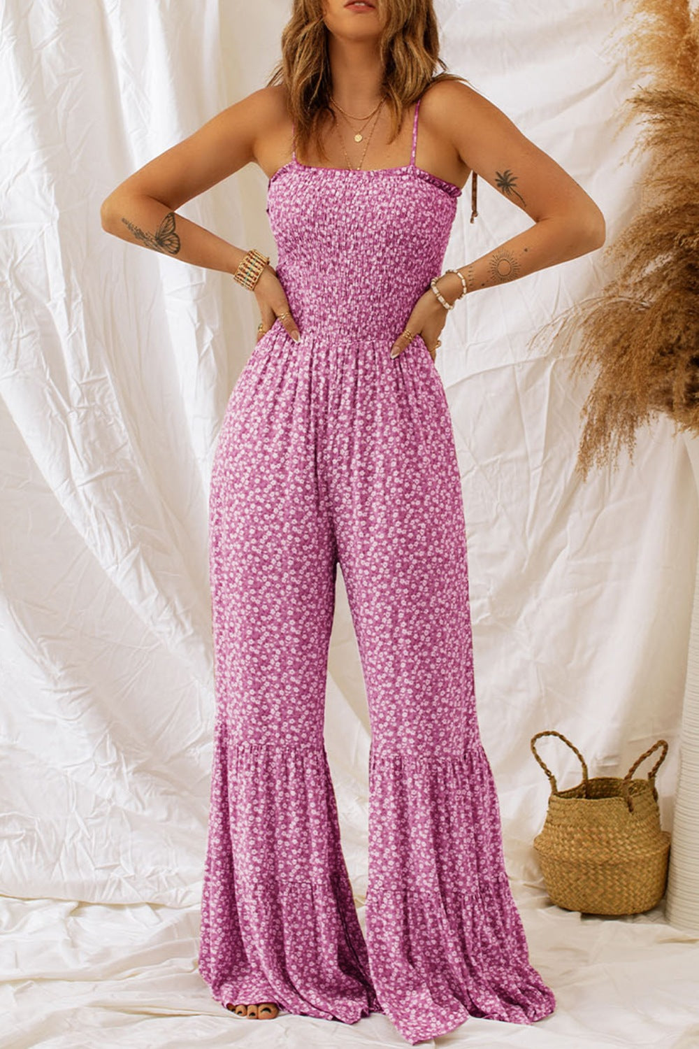 Smocked Printed Wide Strap Jumpsuit, 2 Colors