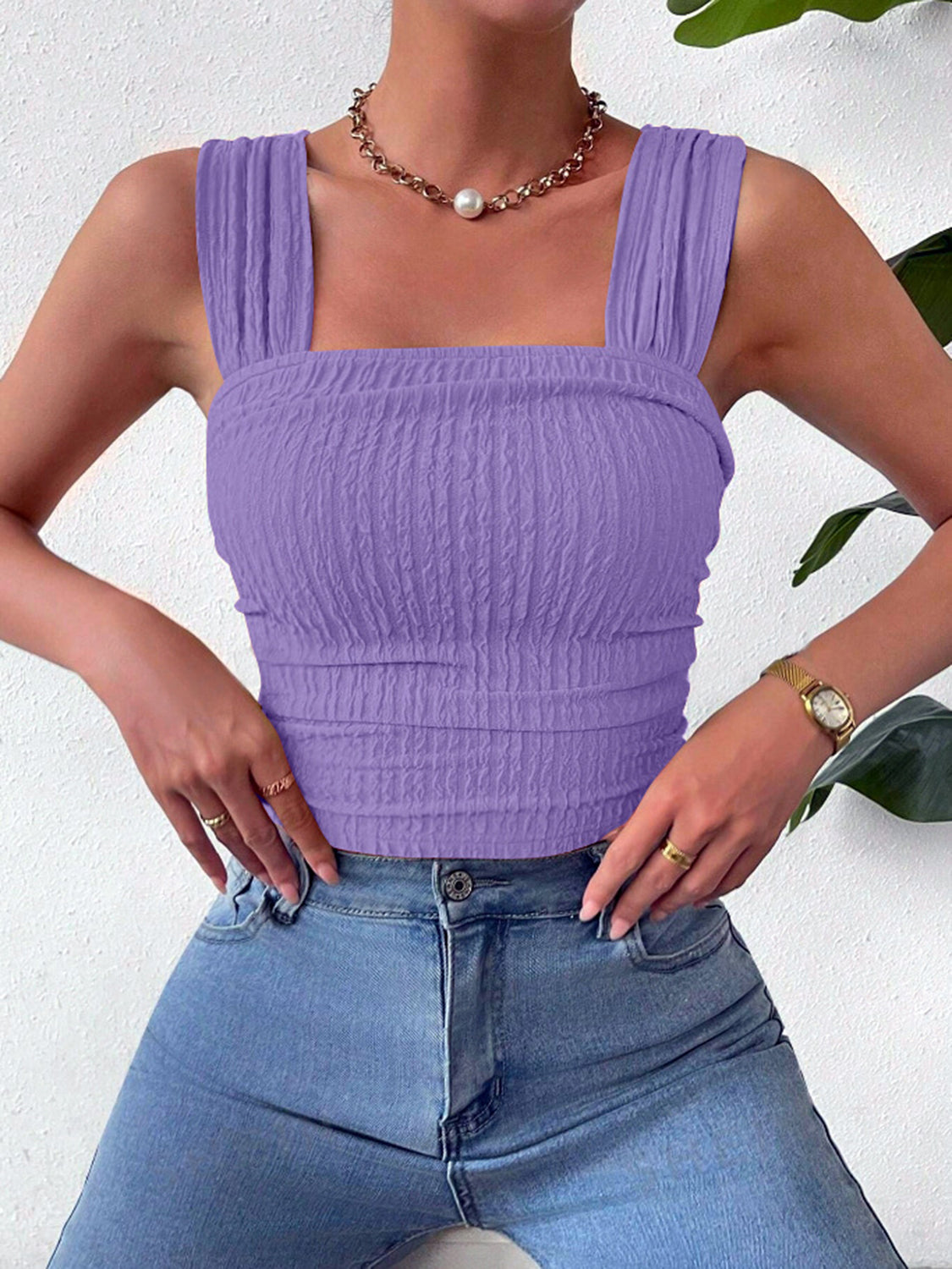 Textured Square Neck Wide Strap Tank , 10 Colors