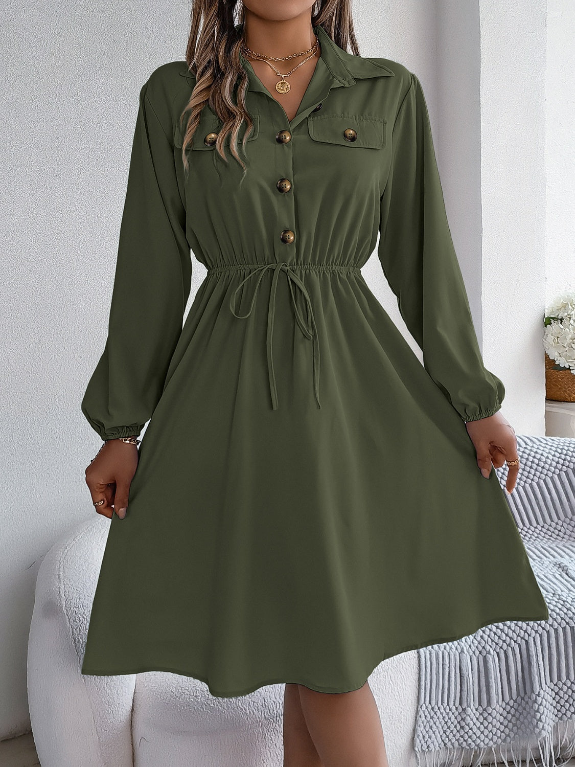 Collared Neck Long Sleeve Dress with Pockets, 5 Colors