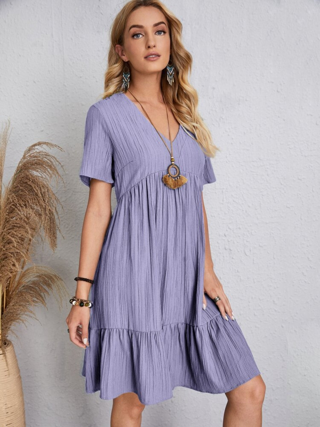 Full Size V-Neck Short Sleeve Dress, 6 Colors