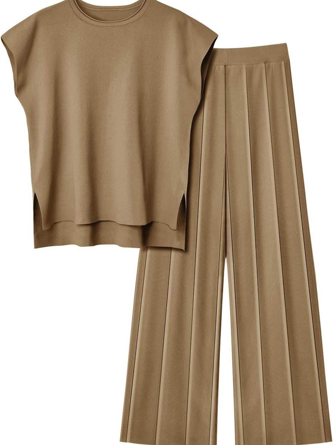 Round Neck Cap Sleeve Top and Pants Knit Set, 8 Colors