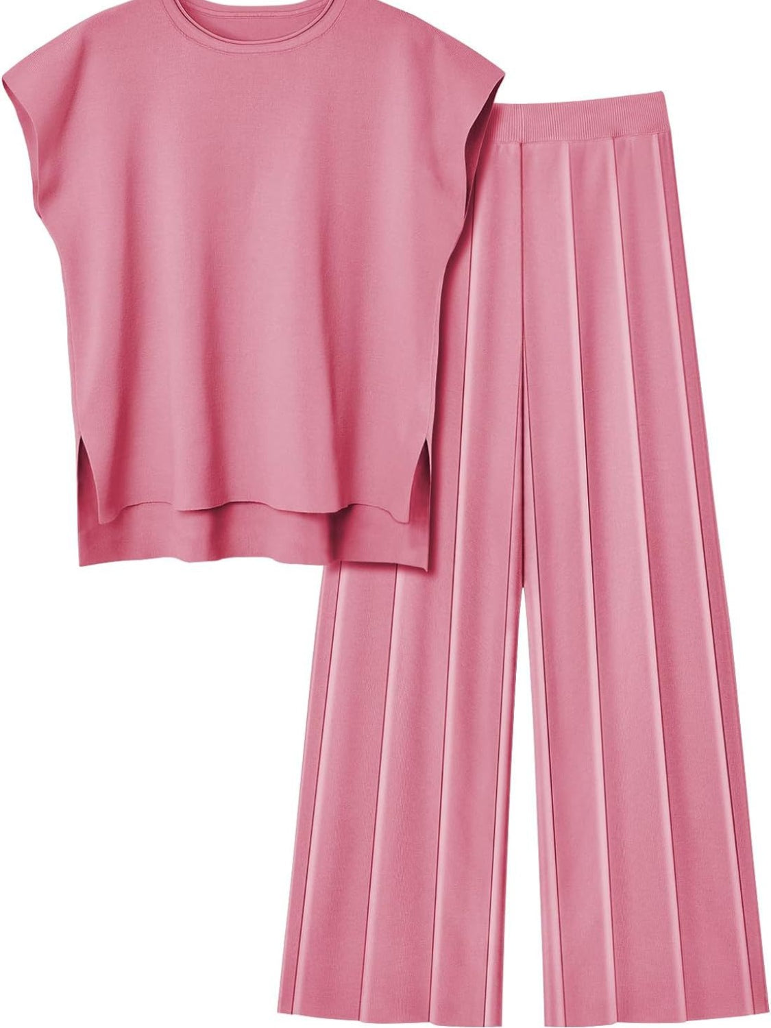 Round Neck Cap Sleeve Top and Pants Knit Set, 8 Colors