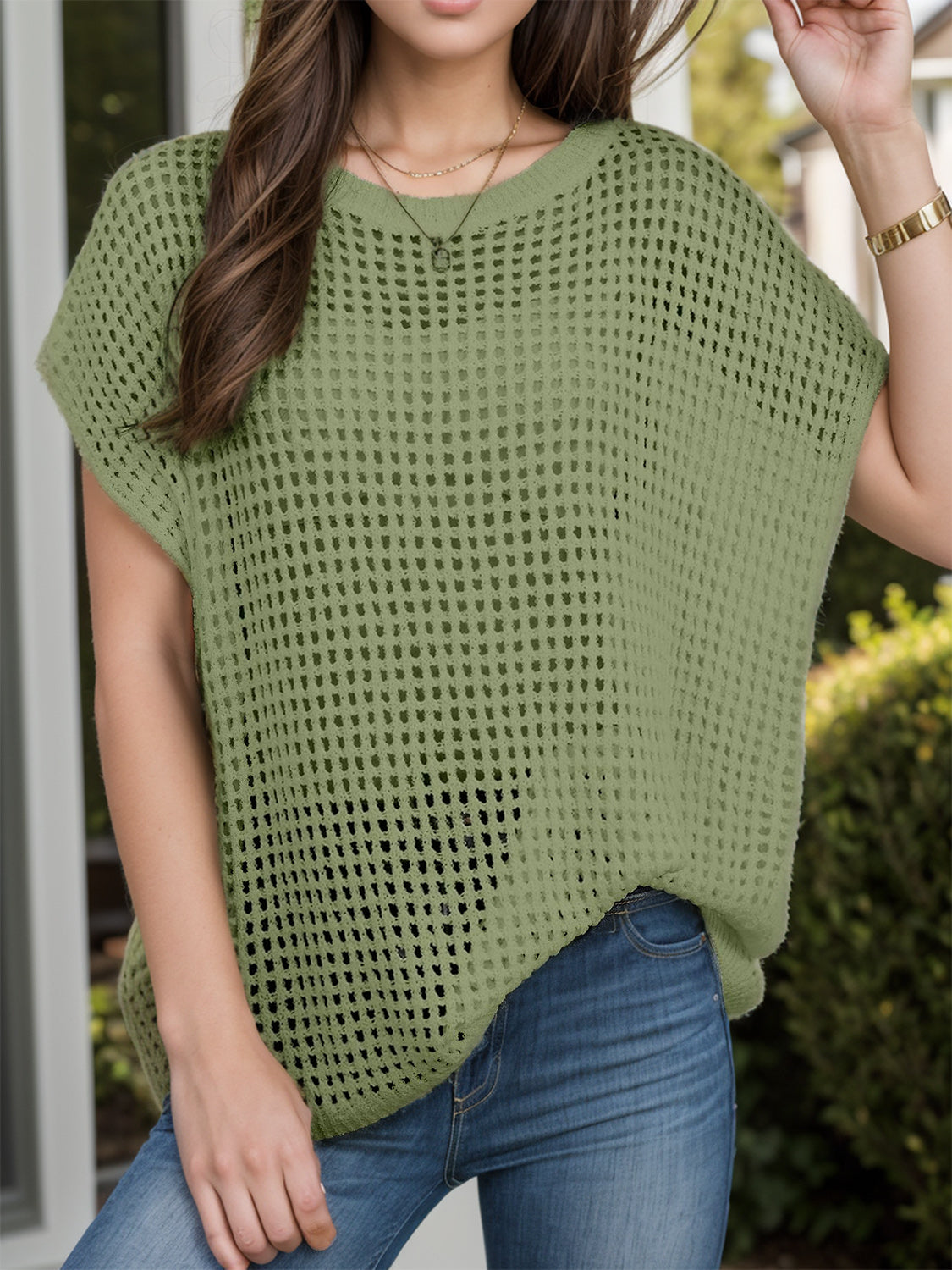 Openwork Round Neck Short Sleeve Cover-Up, 2 Colors