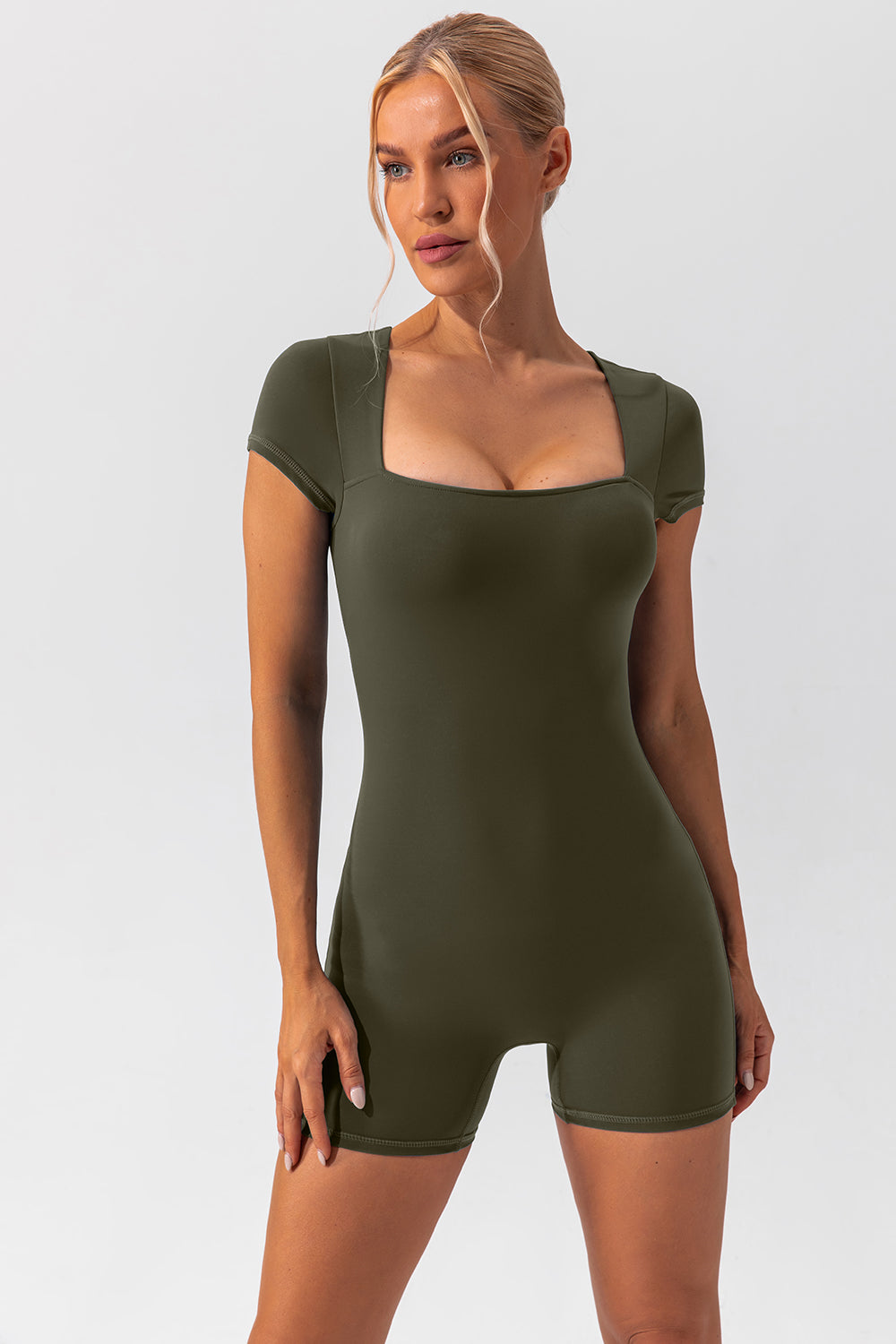 Square Neck Cap Sleeve Active Romper, 5 Colors