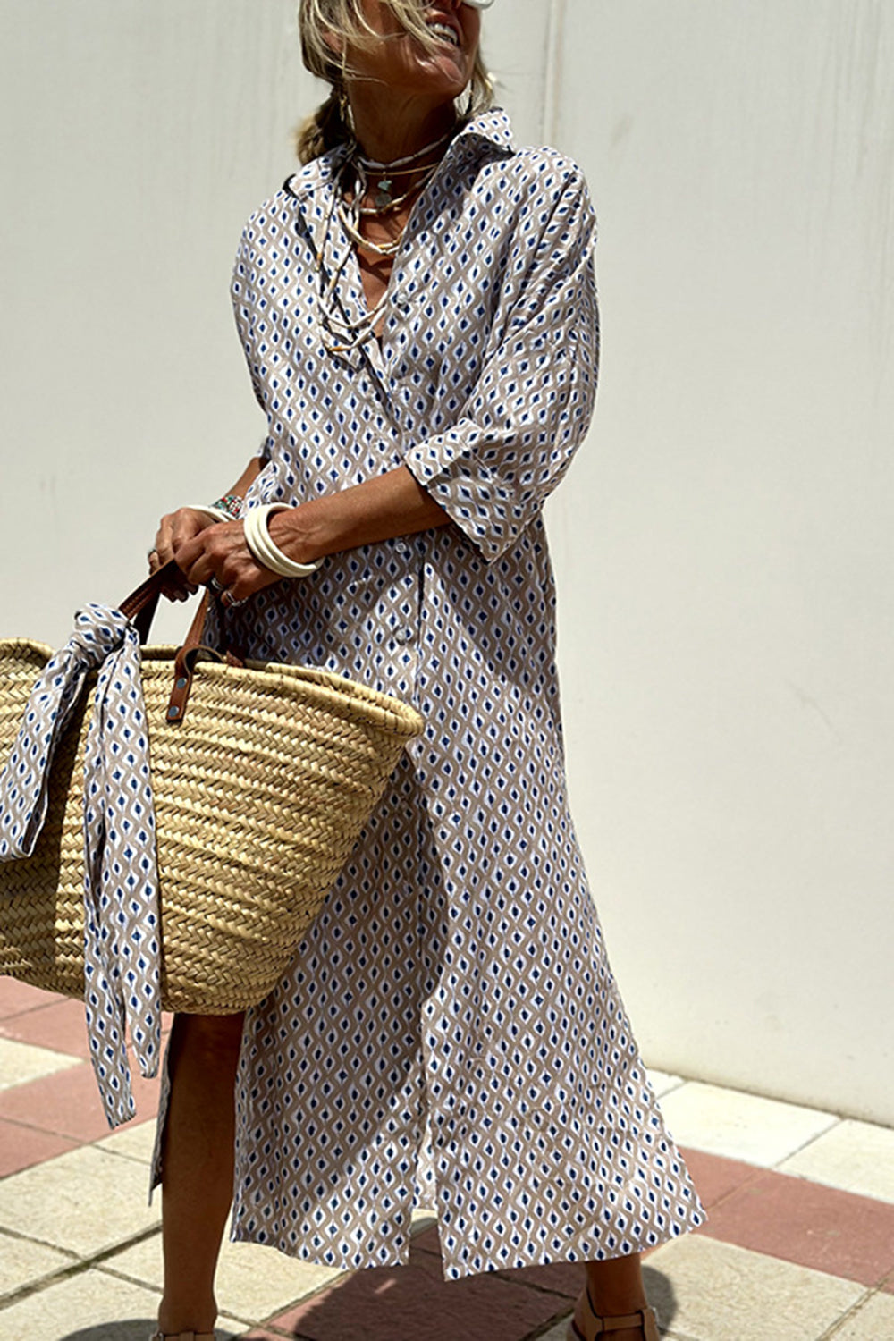 Tied Button Up Three-Quarter Sleeve Dress, 5 Colors