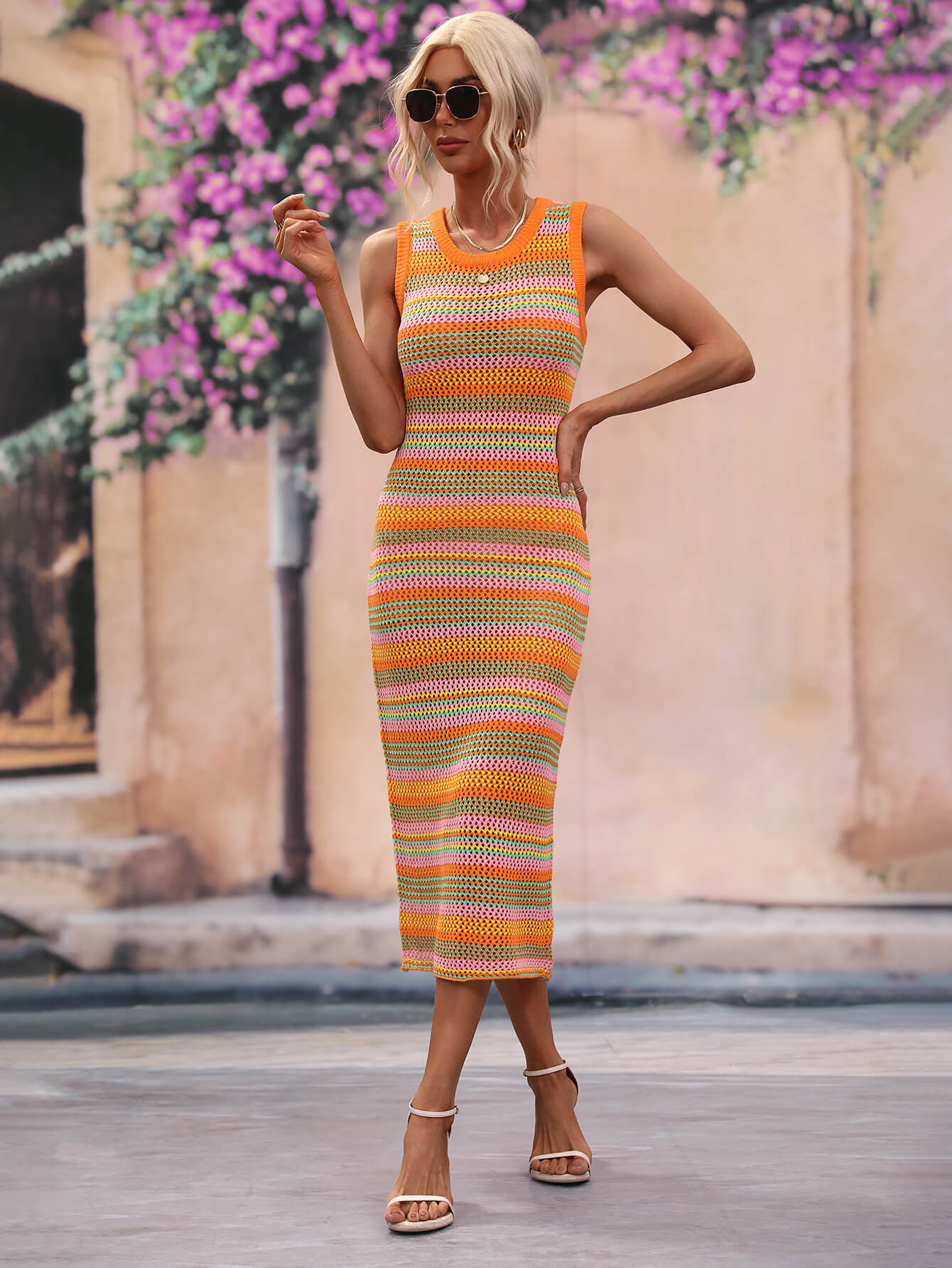 Striped Round Neck Sleeveless Midi Cover Up Dress, 4 Colors