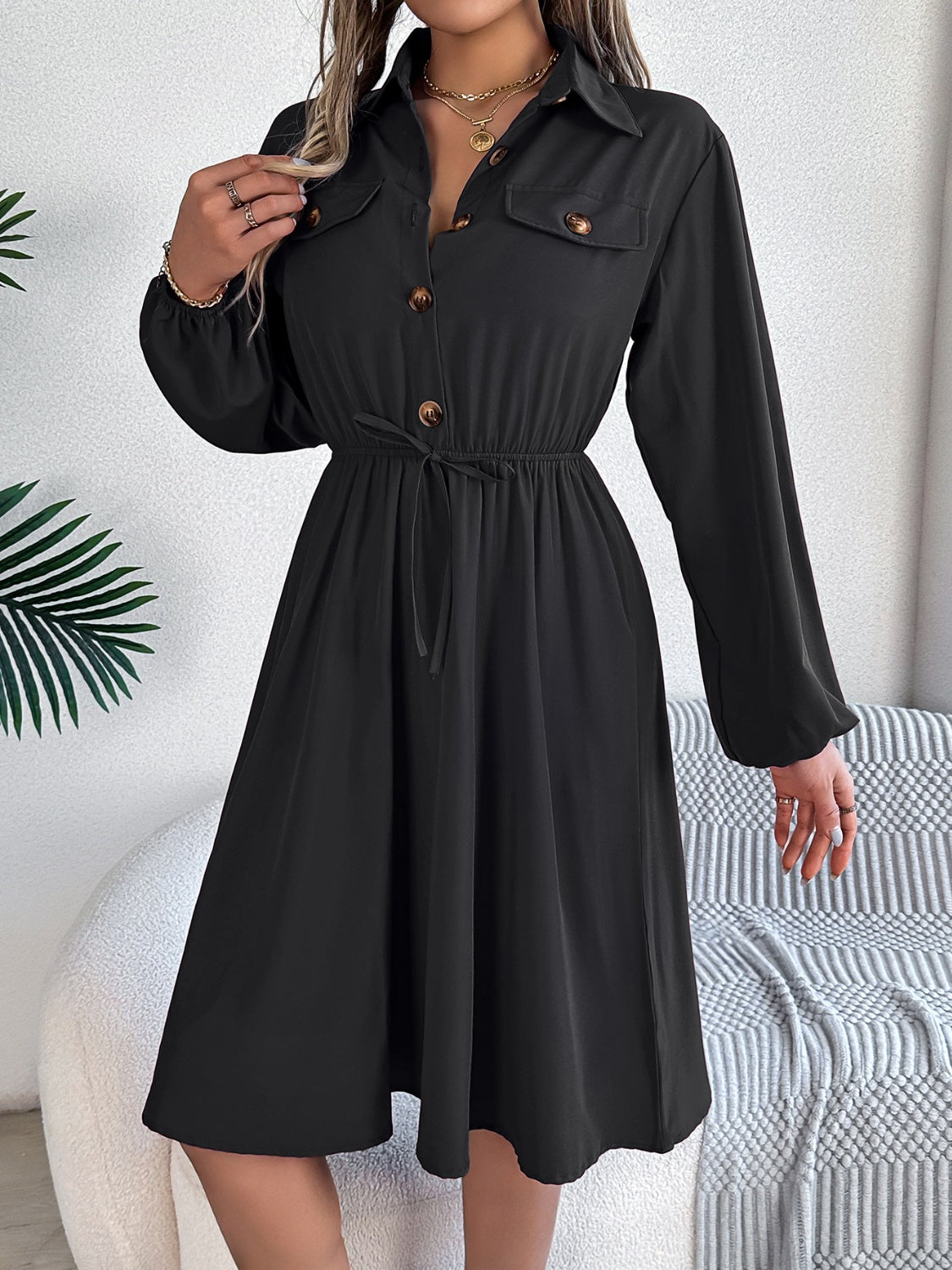 Collared Neck Long Sleeve Dress with Pockets, 5 Colors