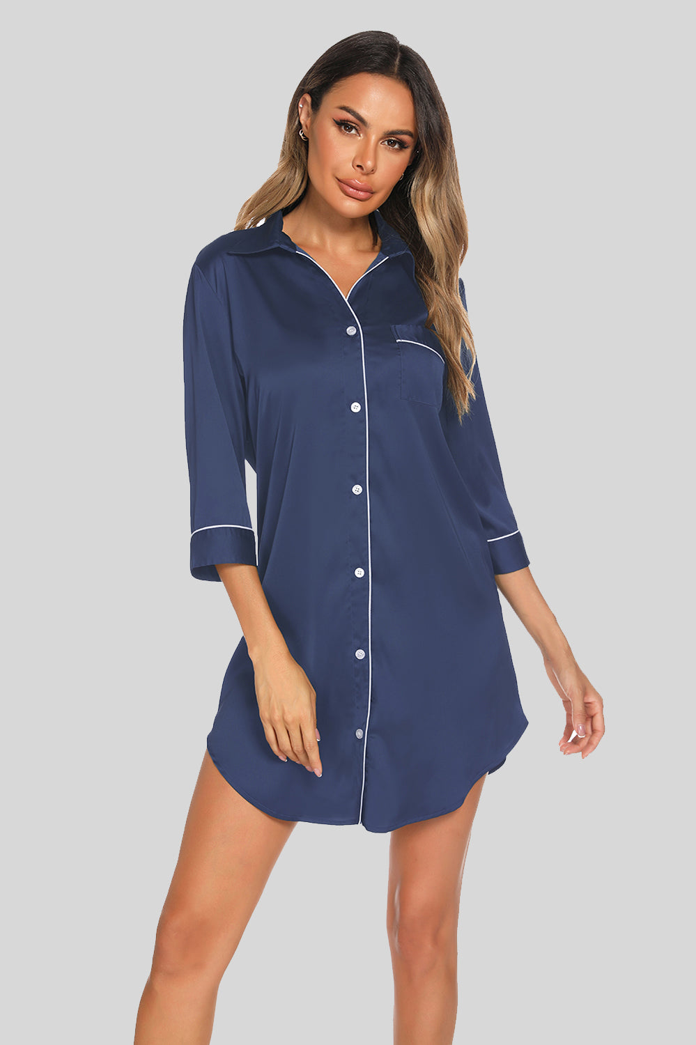 Button Up Collared Neck Night Dress with Pocket, 3 Colors