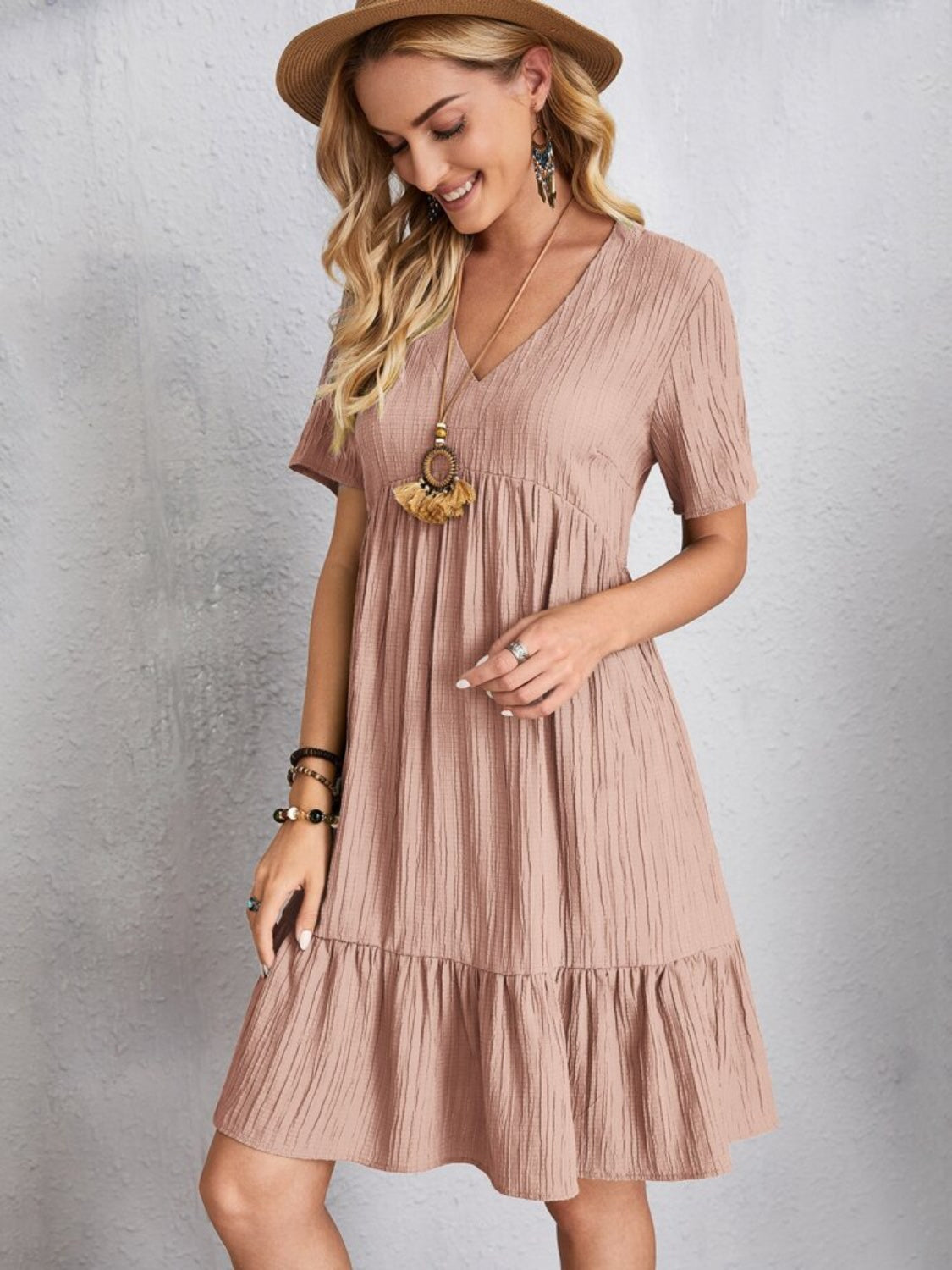 Full Size V-Neck Short Sleeve Dress, 6 Colors