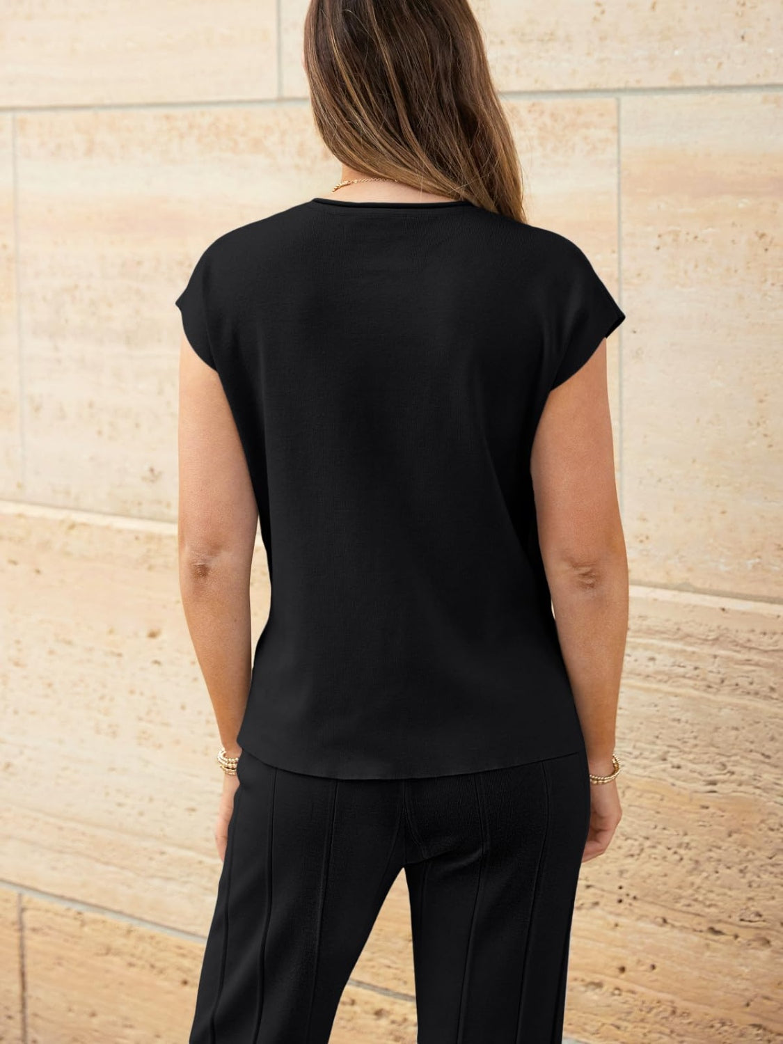 Round Neck Cap Sleeve Top and Pants Knit Set, 8 Colors