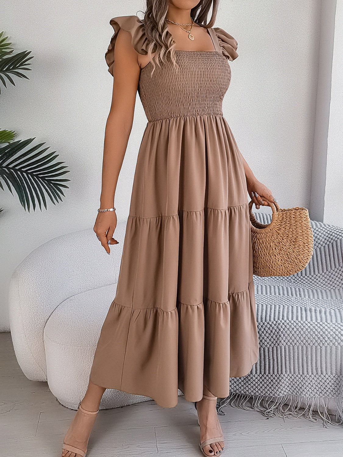 Smocked Square Neck Cap Sleeve Midi Dress, 5 Colors
