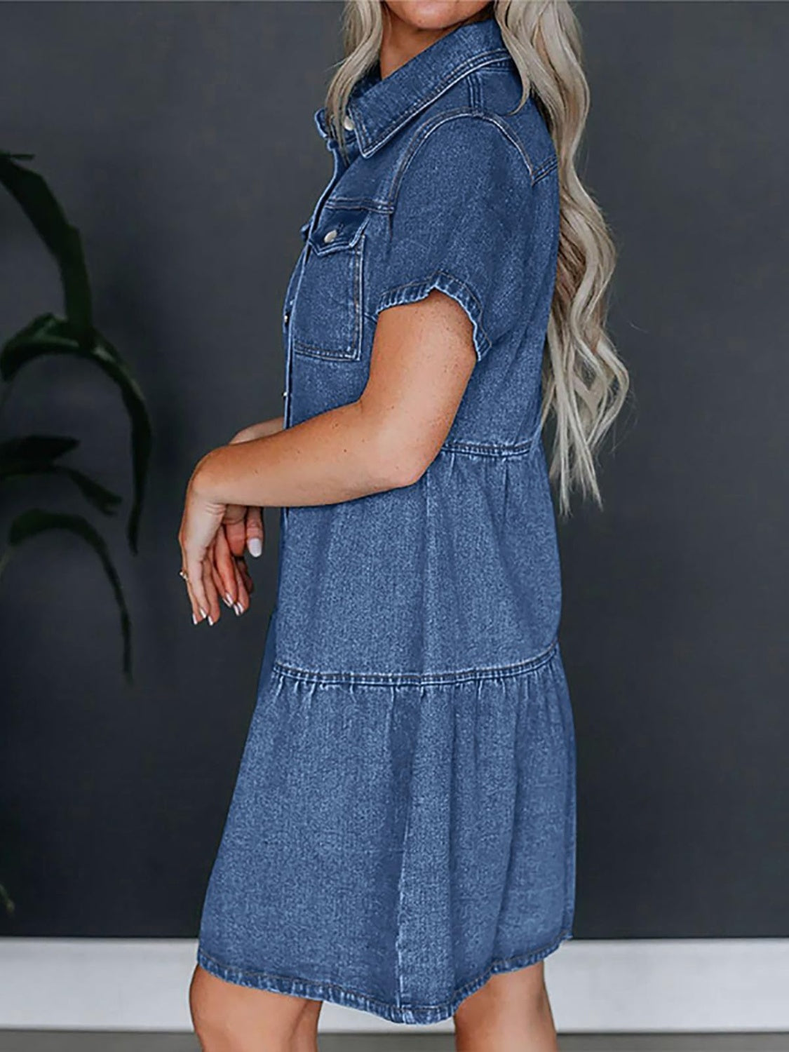 Pocketed Button Up Collared Neck Short Sleeve Denim Dress, 2 Colors