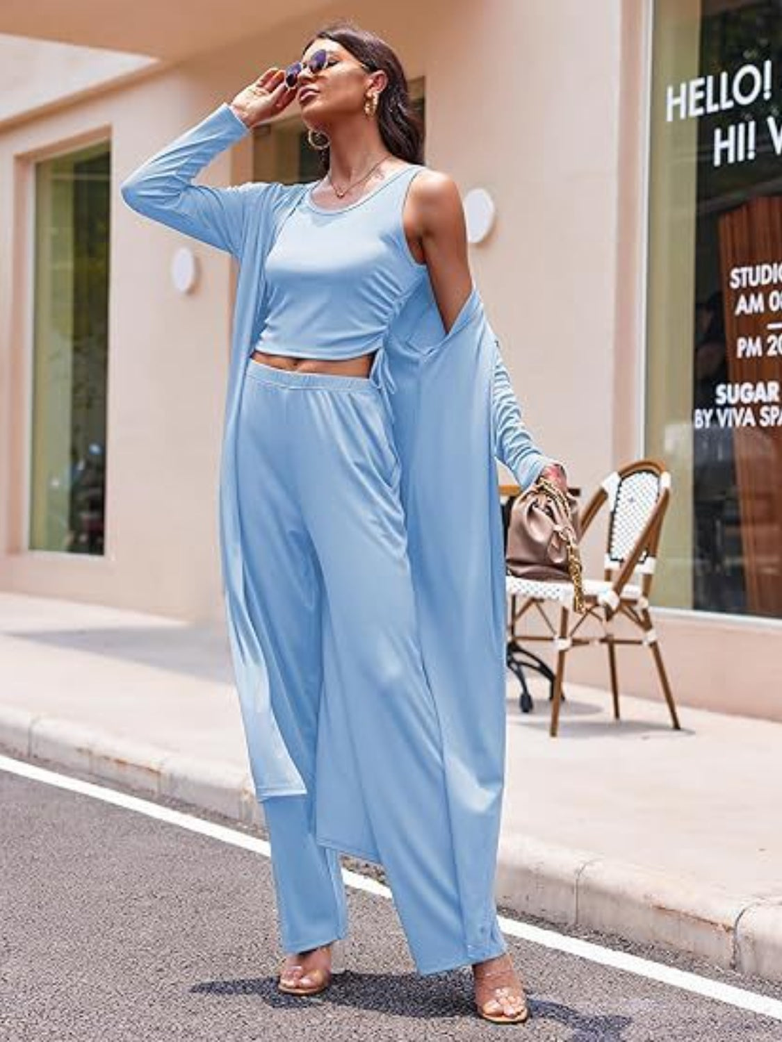 Drawstring Tank, Long Sleeve Cover Up and Pants Set, 9 Colors