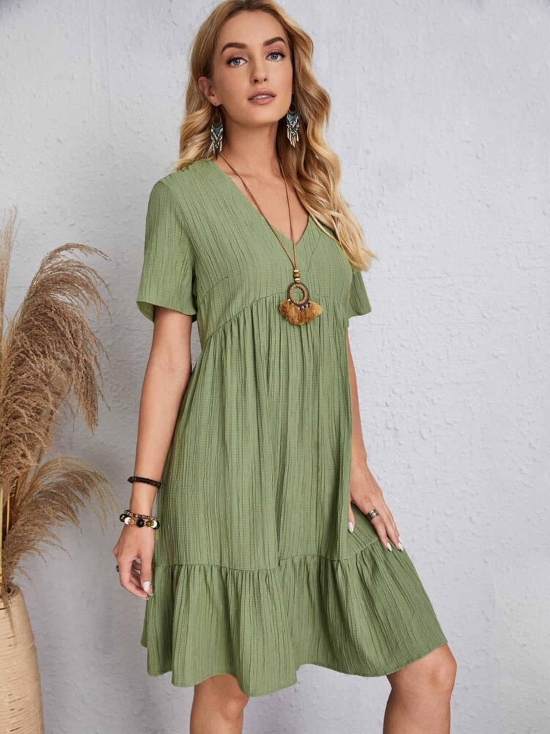 Full Size V-Neck Short Sleeve Dress, 6 Colors