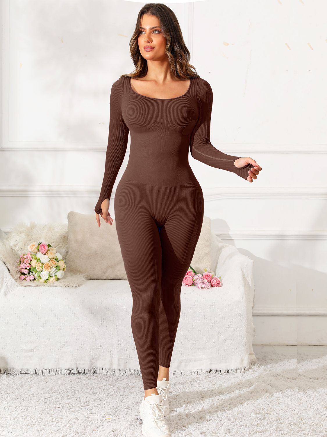 Scoop Neck Long Sleeve Active Jumpsuit, 5 Colors