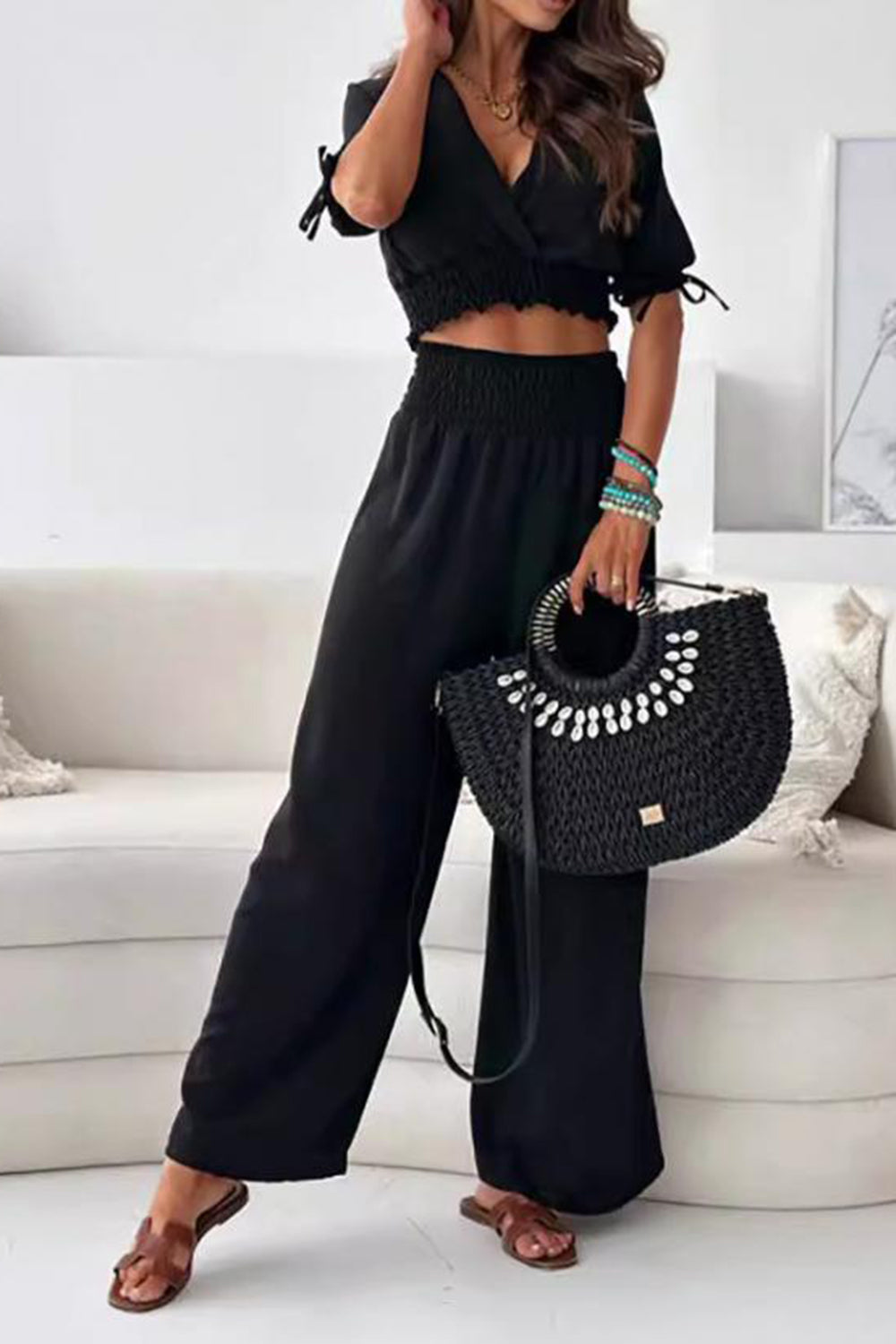 Surplice Short Sleeve Top and Pants Set, 4 Colors