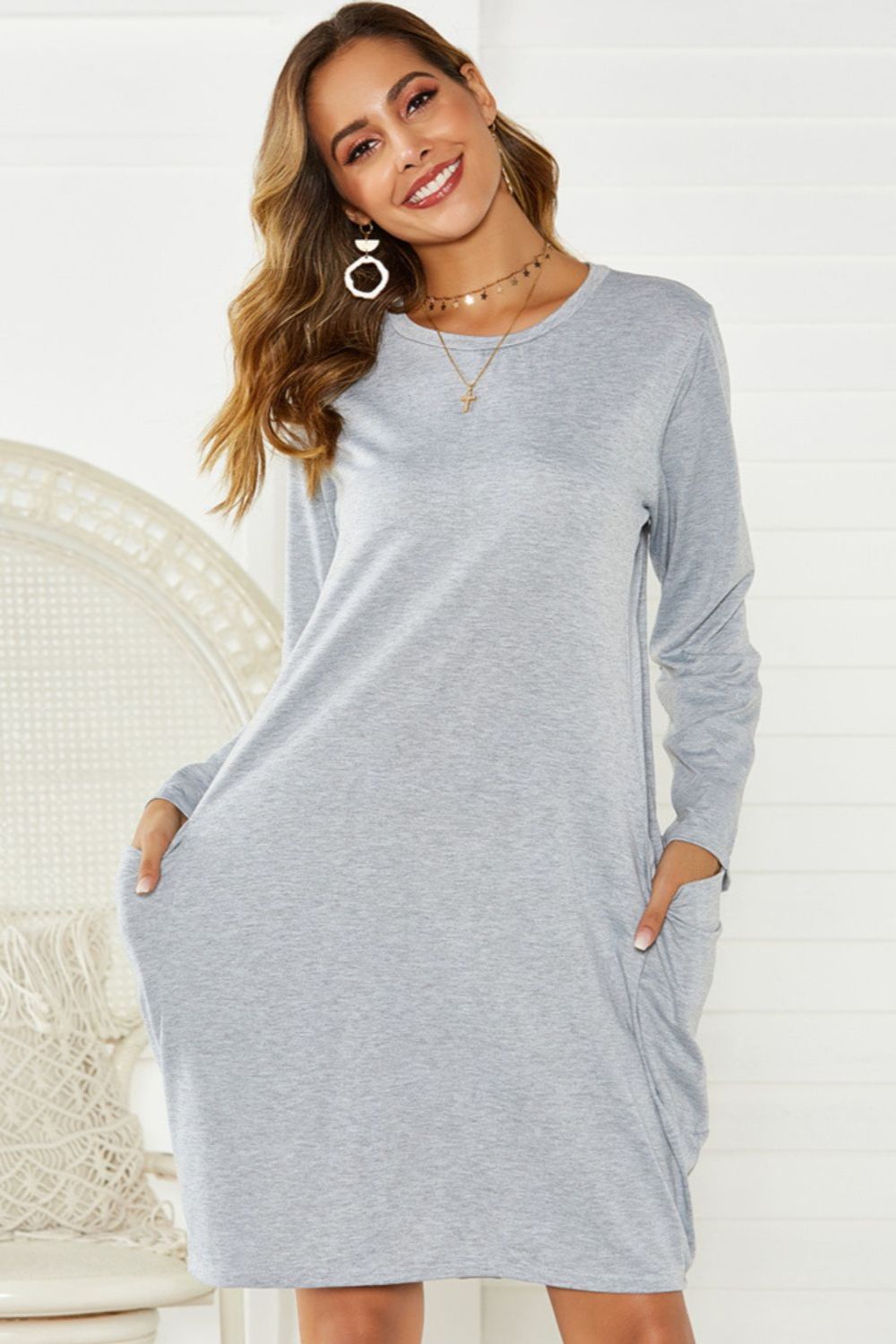 Pocketed Round Neck Long Sleeve Dress, 2 Colors
